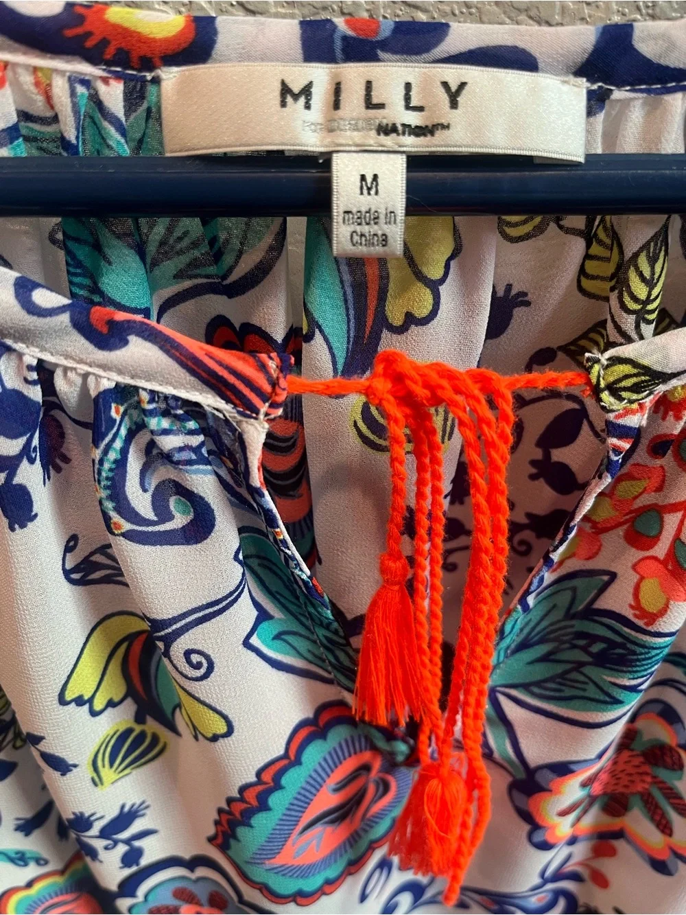 Milly White Floral Boho Sheer Blouse with Multicolor Print and Coral Tassel